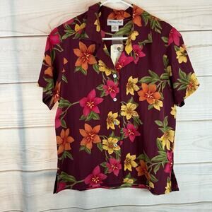 Vintage Heritage Road Burgundy Floral Print Short Sleeve Button Up Size Medium